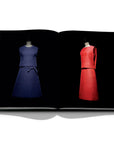 Assouline Dior by Marc Bohan coffee table book displaying photo of Blue & Red Dresses on a white back ground available at Spacio India for luxury home decor collection of Fashion Coffee Table Books.