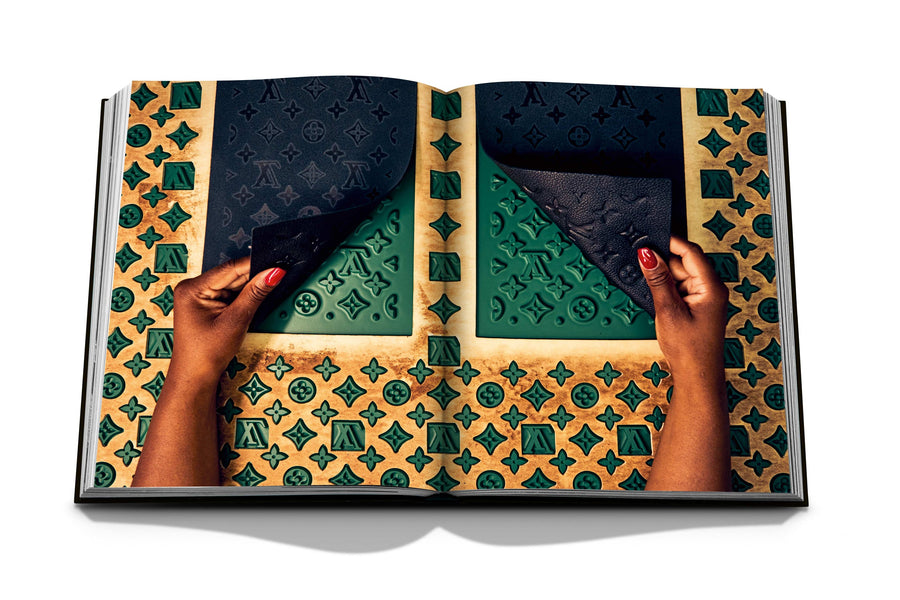 Assouline Louis Vuitton Manufactures coffee table book displaying photo of Louis Vuitton Green & Yellow Pattern on white background at Spacio India for luxury home decor collection of Fashion Coffee Table Books.