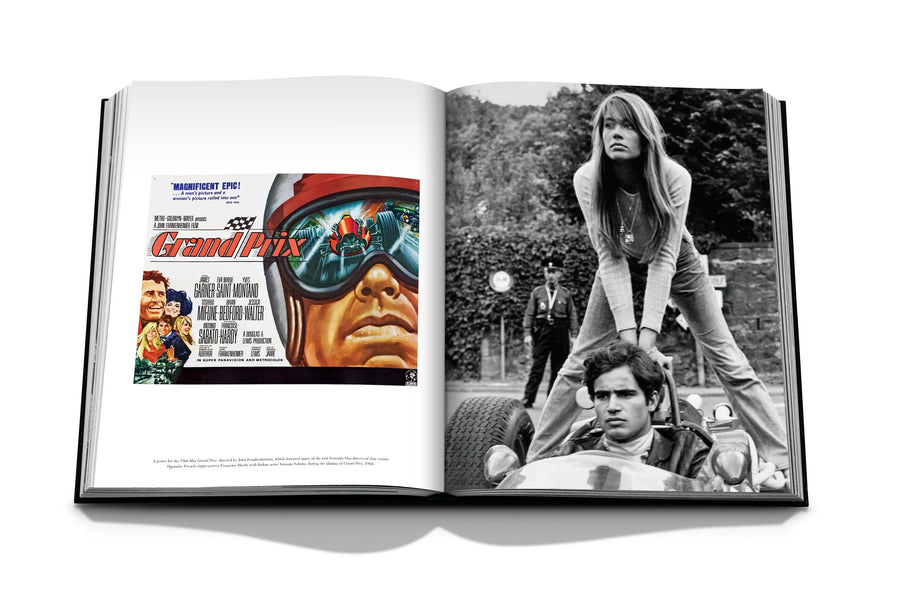 Assouline Formula 1: The Impossible Collection coffee table book displaying photos of Françoise Hardy, French singer-songwriter with Antonio Sabàto Sr. Italian film actor & Grand Prix Poster on a white back ground available at Spacio India for luxury home decor collection of Ultimate & Sports Coffee Table Books.