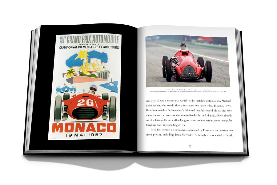 Assouline Formula 1: The Impossible Collection coffee table book displaying photo of Alfa Romeo 158/159 Alfetta - Car model & 1957 Monaco Grand Prix Human event Poster on a white back ground available at Spacio India for luxury home decor collection of Ultimate & Sports Coffee Table Books.