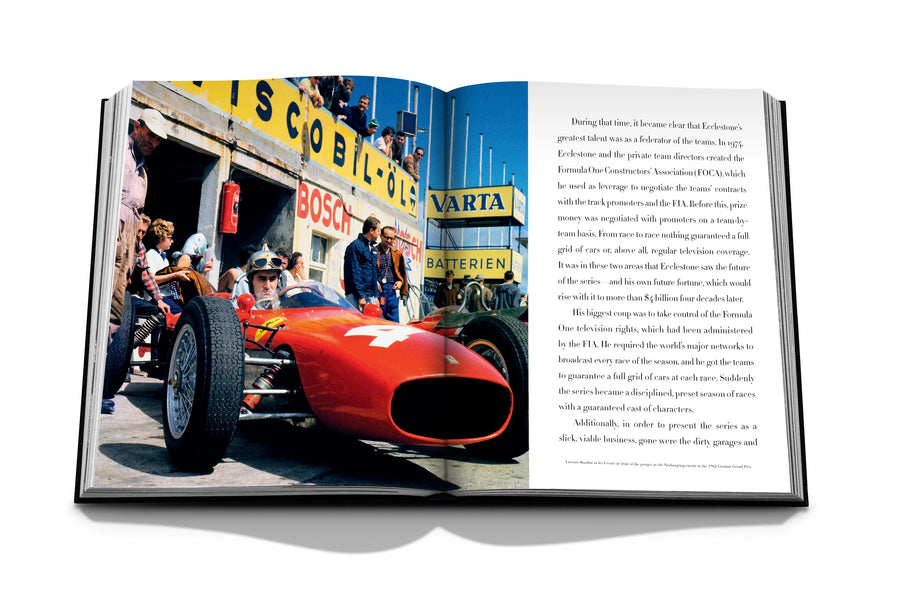 Assouline Formula 1: The Impossible Collection coffee table book displaying photo of Lorenzo Bandini, Italian racing driver in a Ferrari 158  on a white back ground available at Spacio India for luxury home decor collection of Ultimate & Sports Coffee Table Books.