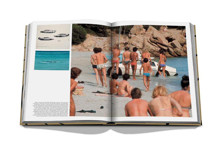 Assouline James Bond: Destinations coffee table book displaying photo of Capriccioli beach (East), Beach from movie scene on a white background available at Spacio India for luxury home decor accessories collection of Travel Coffee Table Books.