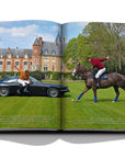 Assouline Polo Heritage Coffee Table Book displaying photo of Polo players in car & one on horse on a white back ground available at Spacio India for luxury home decor accessories collection of Sports Coffee Table Books.