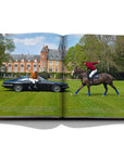 Assouline Polo Heritage Coffee Table Book displaying photo of Polo players in car & one on horse on a white back ground available at Spacio India for luxury home decor accessories collection of Sports Coffee Table Books.