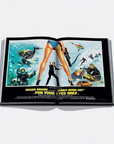 Open book displaying a James Bond movie poster with action scenes and characters.