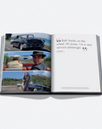 Open book showing scenes from a movie with a car and text.
