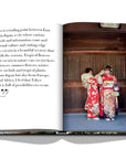 Assouline Tokyo Chic coffee table book page displaying an image of ladies wearing Japanese Clothes with information on a white back ground available at Spacio India for luxury home decor accessories collection of Travel Coffee Table Books.
