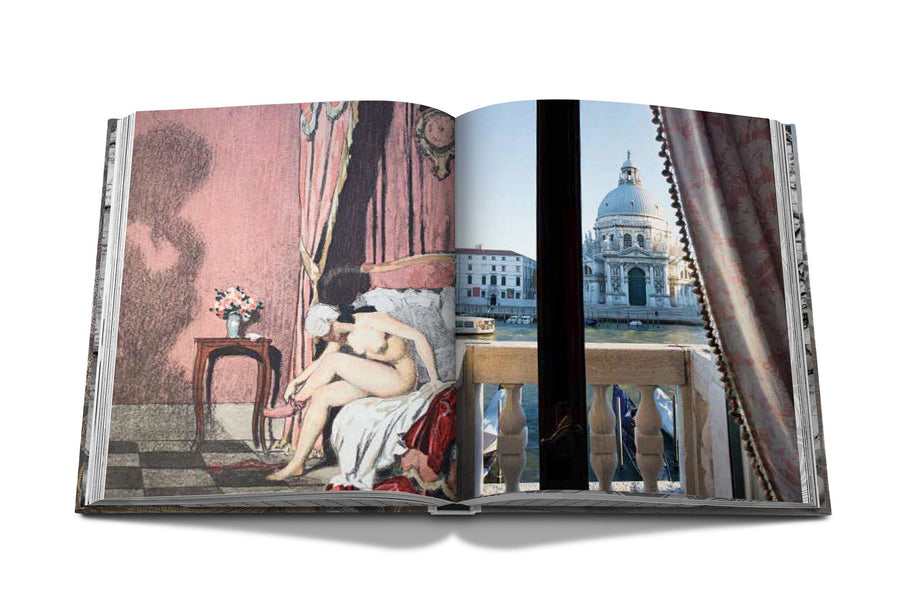 Assouline Venetian Chic coffee table book page picturing a view of places of Venice from bedroom on a white back ground available at Spacio India for luxury home decor accessories collection of Travel Coffee Table Books.