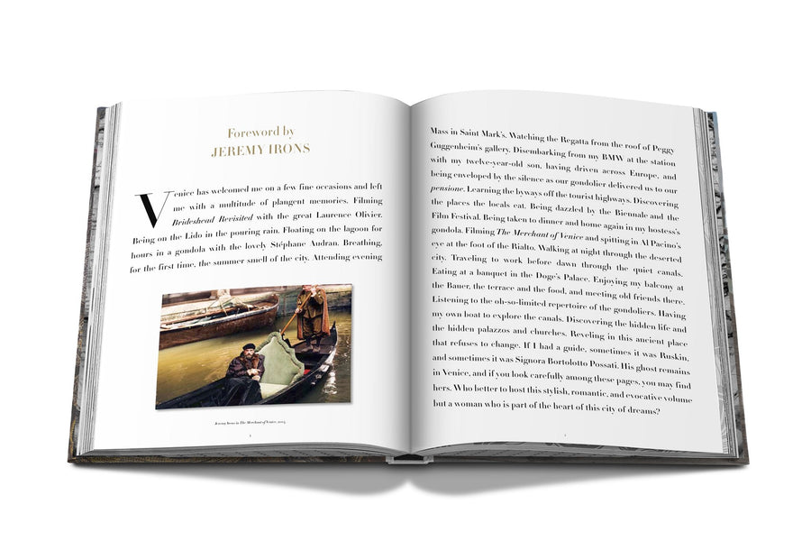 Assouline Venetian Chic coffee table book page picturing Information of Gondola Ride with its Image on a white back ground available at Spacio India for luxury home decor accessories collection of Travel Coffee Table Books.