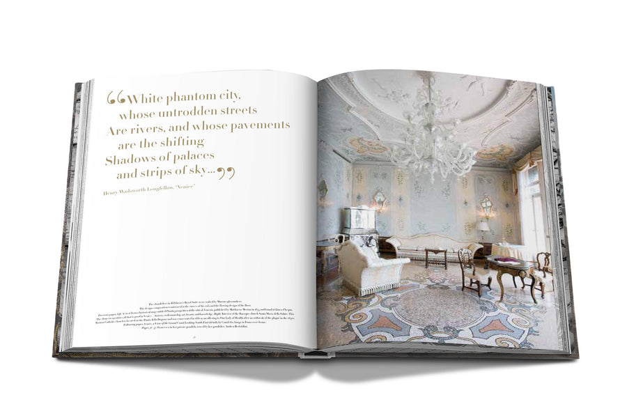 Assouline Venetian Chic coffee table book page picturing a royal white interior with quote on a white back ground available at Spacio India for luxury home decor accessories collection of Travel Coffee Table Books.