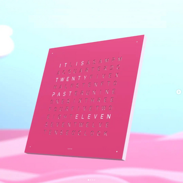 A PRETTY PINK Clock Qlocktwo Classic Pink featuring the words 'it is twenty' by Qlocktwo.