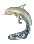 Dolphin Baby On The Wave White & Gold crystal sculpture by Duccio Di Segna – a luxury centerpiece available at Spacio India, crafted in elegant crystal.