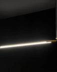 A high-end black room with an Esperia Eridania Horizontal Suspension Light, a gold decorative lighting, hanging from the ceiling.