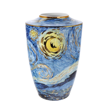 Starry Night Porcelain Vase Limited Edition by Vincent van Gogh on a black back ground available at Spacio India from the heirloom collection of Luxury Home Decor Artefacts