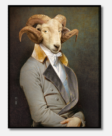 An Ibride Collector Portrait Bel Ami Large (Limited Edition) featuring a man wearing a suit and a ram's head, created by Ibride.