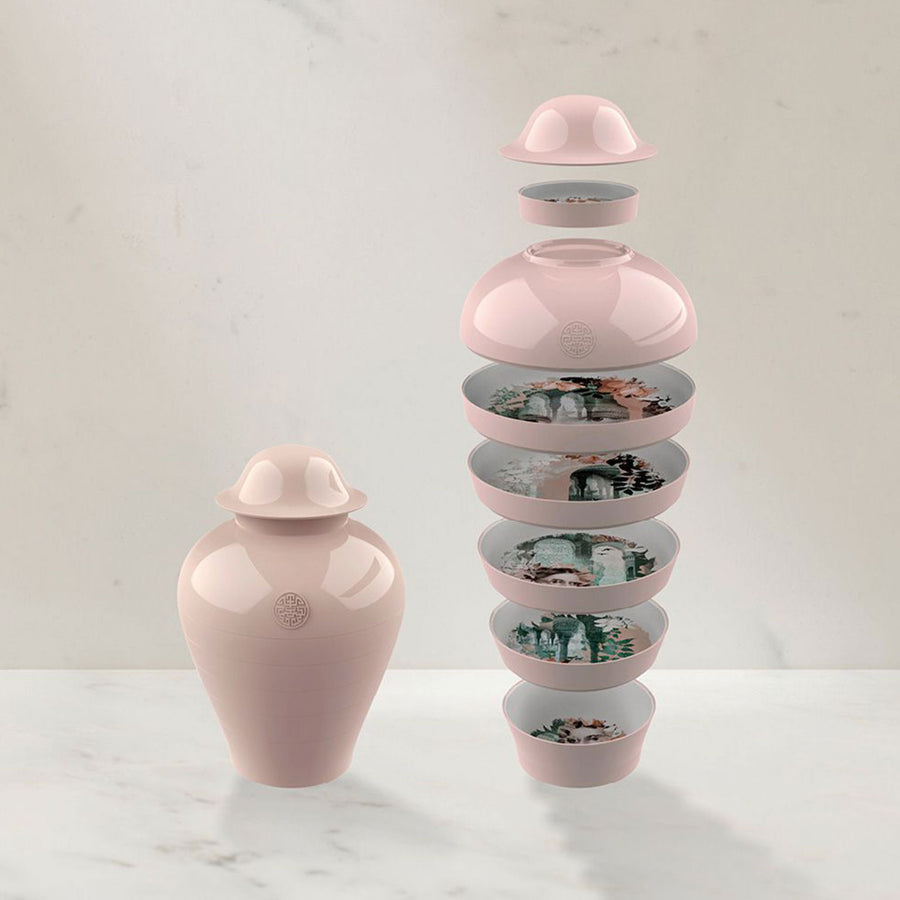 Qing Alhambra Rose stack set showing full pieces from collection on table available at Spacio India for Luxury Home Decor Collection of Tableware Accessories