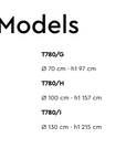 Technical specifications of models T780/G, T780/H, and T780/I on a white background.