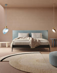 A versatile and vibrant lighting design from the Aurora Collection by Italamp featuring brushed gold accents, white glass diffuser, and retro-inspired finishes. A pair of pendant lights on the sides of a modern luxury bedroom