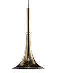 Baffo Collection by Italamp with conical design, titanium finish glass, and matching metal accents, showcasing Italian craftsmanship and elegance. A closeup of the gold pendant baffo light