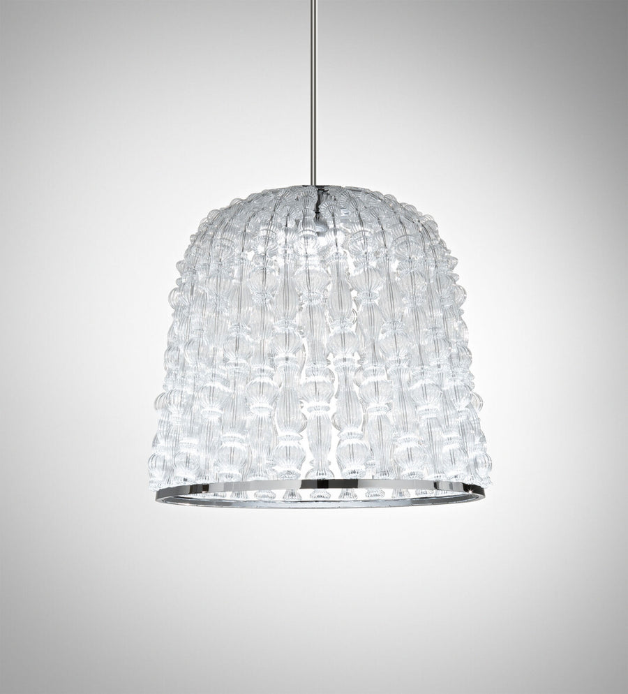 An Italamp Crowns Chandelier, crafted with imperial elegance in Italy, hangs delicately on a clear glass pendant, against a serene gray background.