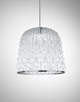 An Italamp Crowns Chandelier, crafted with imperial elegance in Italy, hangs delicately on a clear glass pendant, against a serene gray background.