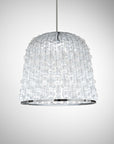 An Italamp Crowns Chandelier, crafted with imperial elegance in Italy, hangs delicately on a clear glass pendant, against a serene gray background.
