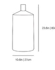 A simple line drawing of a bottle-shaped object with dimension labels showing height as 23.6 in / 60 cm and width as 10.