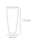 A simple line drawing of a tall tapered cup or tumbler with dimension labels showing a height of 17.7 in (45 cm) and a width/base of 8.