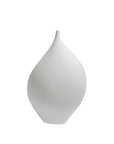 A minimalist white ceramic vase with a teardrop-shaped body and a narrow neck, shown against a solid white background.
