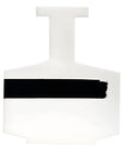A minimalist abstract vase featuring a white geometric shape resembling a stylized bottle or shield with a bold horizontal black stripe across the middle, set against a solid white background.