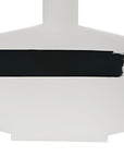 A close-up of a white vase with a wide horizontal black brushstroke across the center, photographed against a white background.