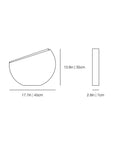 A simple black-and-white line drawing showing the dimensions of a small bowl-shaped planter or vase, with measurements labeled 17.7 in / 45 cm wide, 13.