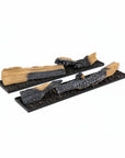 Set of decorative logs on a black stand against a white background for Planika artificial water vapour fireplace collection.