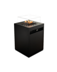 A black square portable Gas fireplace from Planika available at Spacio retail stores in Mumbai & Kolkata.