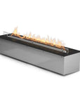 A sleek stainless steel Planika Bioethanol Fireplace Automatic 3 (FLA3) fire pit with flames on it, featuring the innovative BEV Technology.