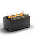 Black water vapour fireplace with artificial flames on a white background by Planika available at Spacio retail stores in India.