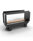 Modern artificial water vapour fireplace with see through casing on a white background available at Spacio retail stores in India.
