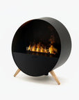 Modern water vapour black artificial fireplace with wooden legs on a white background available at Spacio retail stores in India.