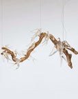 A chandelier with artistic arrangement of branches and white voa birds on a plain background