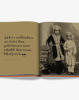 2 young Maharaj and text - Love and kindness are better than gold; honor is more valuable than rooms full of jewels. Beyond Extravagance coffee table book by Assouline, featuring the Al Thani Collection of Indian royal jewels and artefacts, spanning 400 years of history.