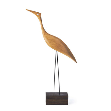 A Warm Nordic Beak Bird Tall Heron Oak sculpture of a heron figurine standing on a wooden base.