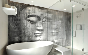 A water resistant bathroom with an Alex Turco Wet Area Silver Trust art panel on the wall, blending interior design seamlessly.