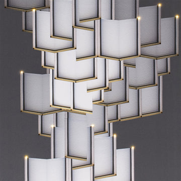 A Meystyle Lattice Systems LED Wall Paper with Swarovski Chandelier featuring many squares, offering ambient lighting and architectural elegance.