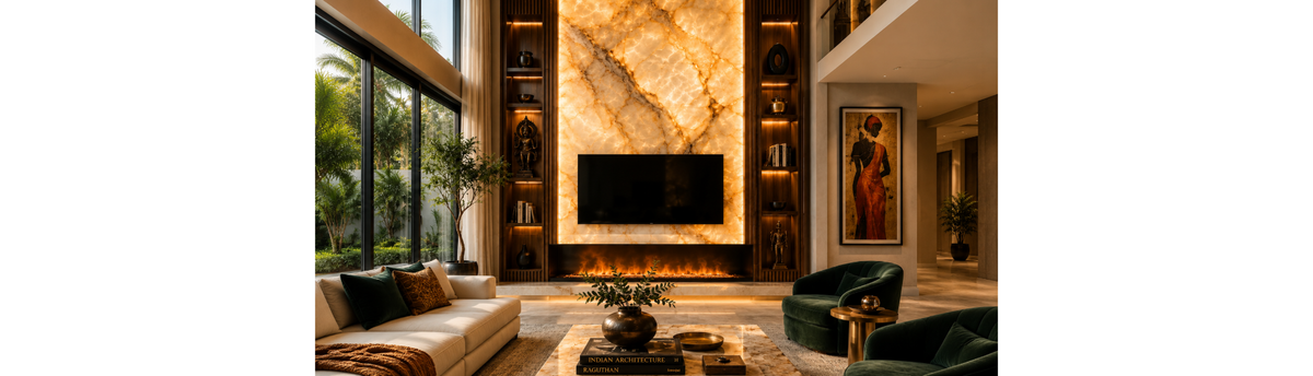 Modern linear fireplace integrated into a luxury living room TV wall in an Indian home