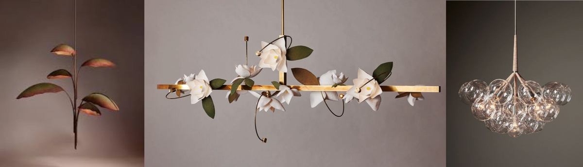 Collage of 3 luxury chandeliers available at Spacio retail stores in India. 