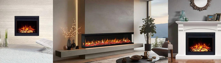 Collage of electric LED artificial fireplace in luxury living rooms