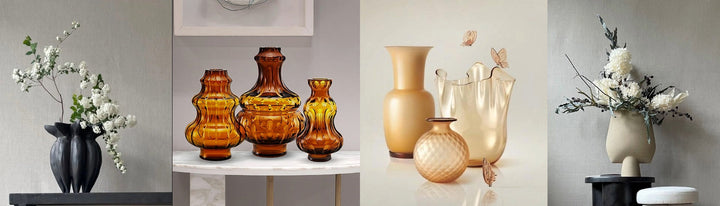 Collage of Ceramic, Crystal, Murano vases available at Spacio retail stores in Mumbai & Kolkata. 
