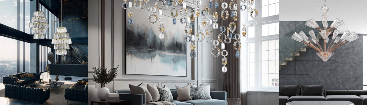 Collage of luxury living rooms with crystal chandeliers