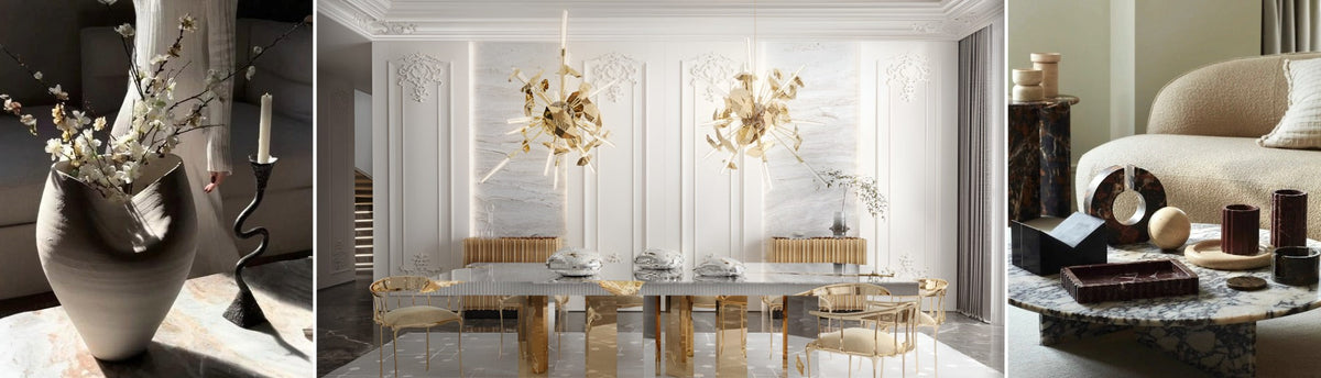 Collage of 3 images showing the latest trends in luxury home decor in India