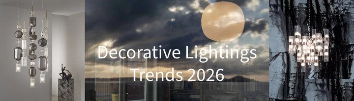 Collage of designs of chandeliers with the text Decorative Lighting Trends 2026